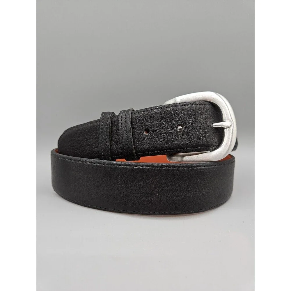 Elk Skin Black Leather Belt Size 42 USA Handmade Silver Brass Buckle 1.5